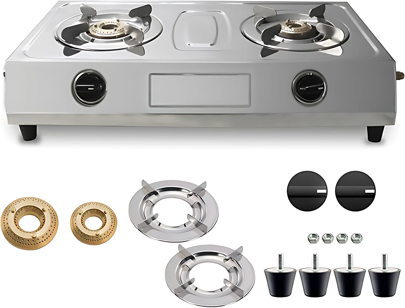 Estufa de gas natural Sokany de acero inoxidable con doble quemador, controles frontales y accesorios incluidos: quemadores, soportes y pernos.
