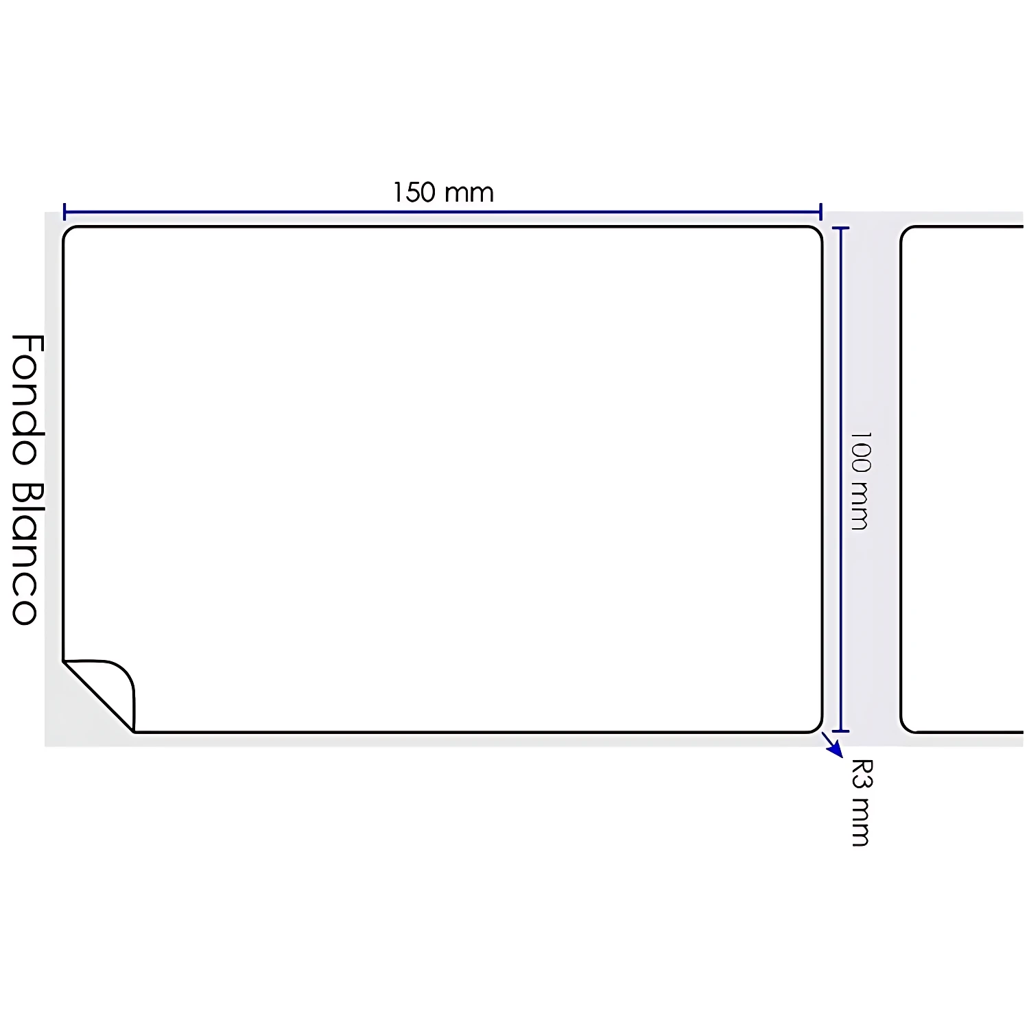 Etiqueta térmica directa de 150x100 mm con esquina redondeada de 3 mm, fondo blanco y diseño minimalista para impresión de envíos.