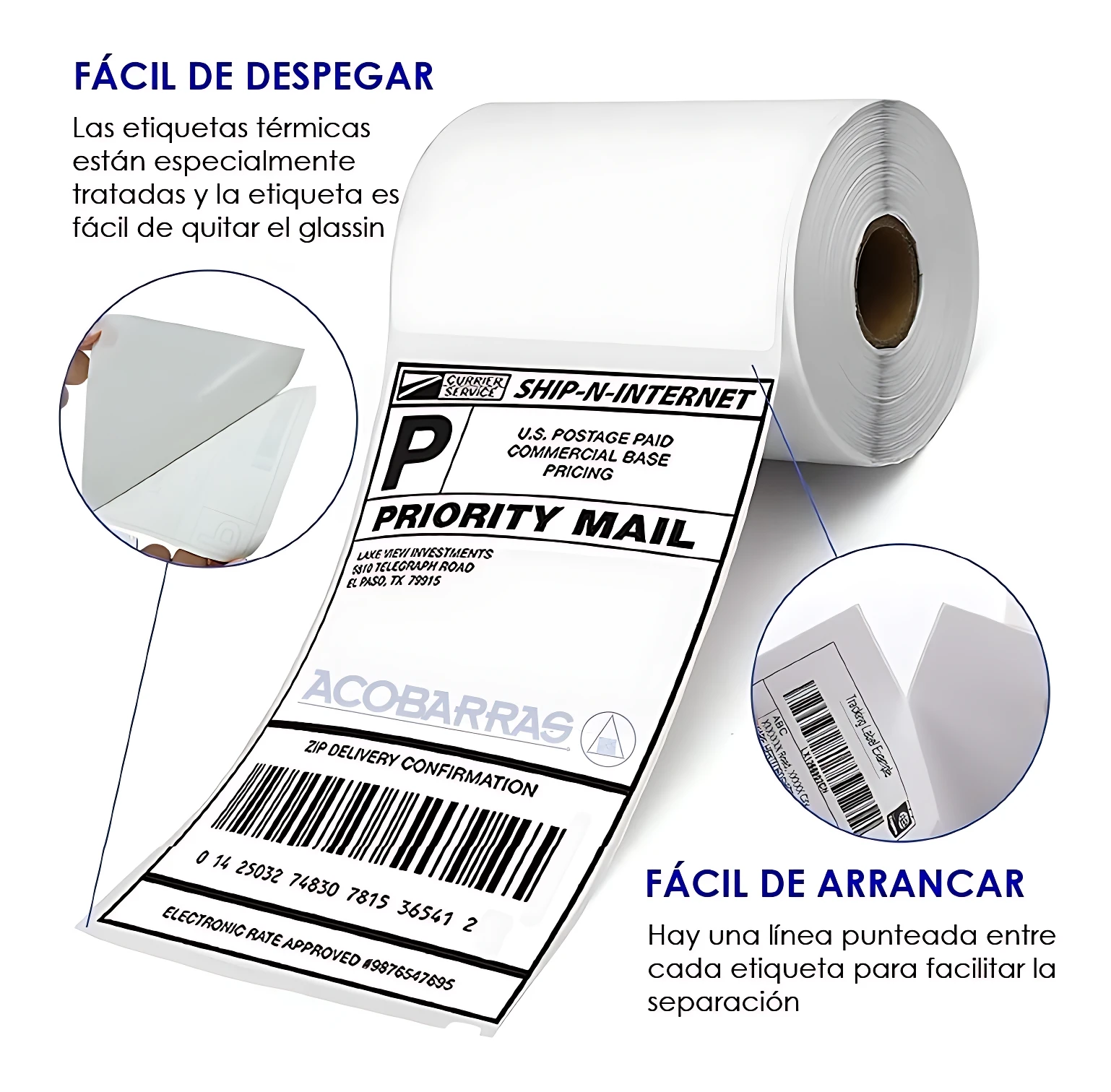 Etiqueta térmica directa 100x150 mm en rollo, con muestra de despegado y línea punteada para fácil separación. Ideal para envíos postales.