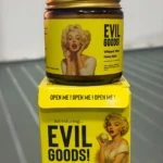 Bálsamo Evil Goods con sebo de res y miel en frasco de vidrio con tapa dorada y etiqueta amarilla con de Marilyn Monroe.