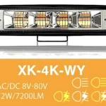 Barra LED rectangular de 72W con luces blancas y ámbar, estrobo visible, montada sobre soporte negro.