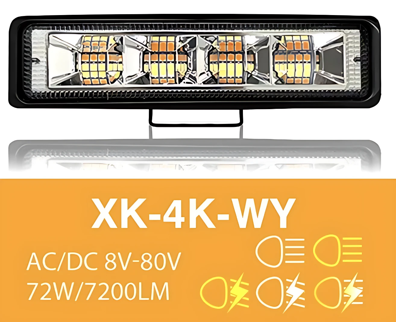 Barra LED rectangular de 72W con luces blancas y ámbar, estrobo visible, montada sobre soporte negro.