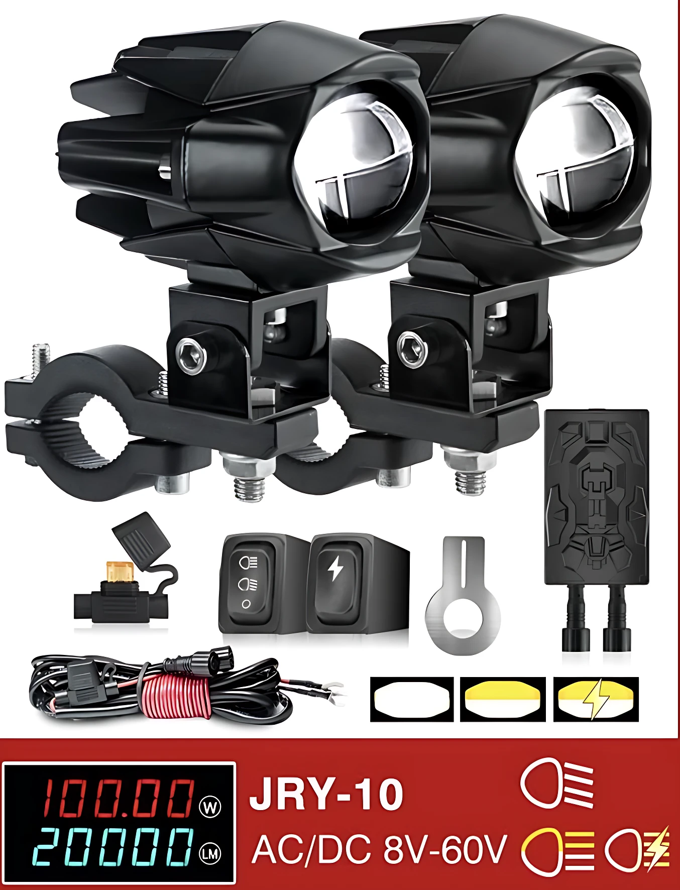 Dos faros LED negros de 100W montados en soportes ajustables, acompañados de interruptores, cableado y accesorios.