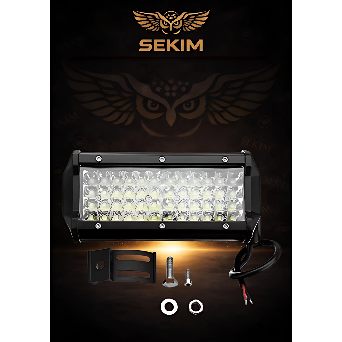 Barra LED rectangular Federal Sekim con luces perimetrales estroboscópicas, vista frontal, incluye soporte de montaje, tornillos y cables.