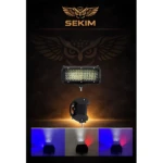 Barra LED rectangular Federal Sekim con luces perimetrales estroboscópicas, vista frontal y lateral, mostrando iluminación en azul, blanco y rojo.