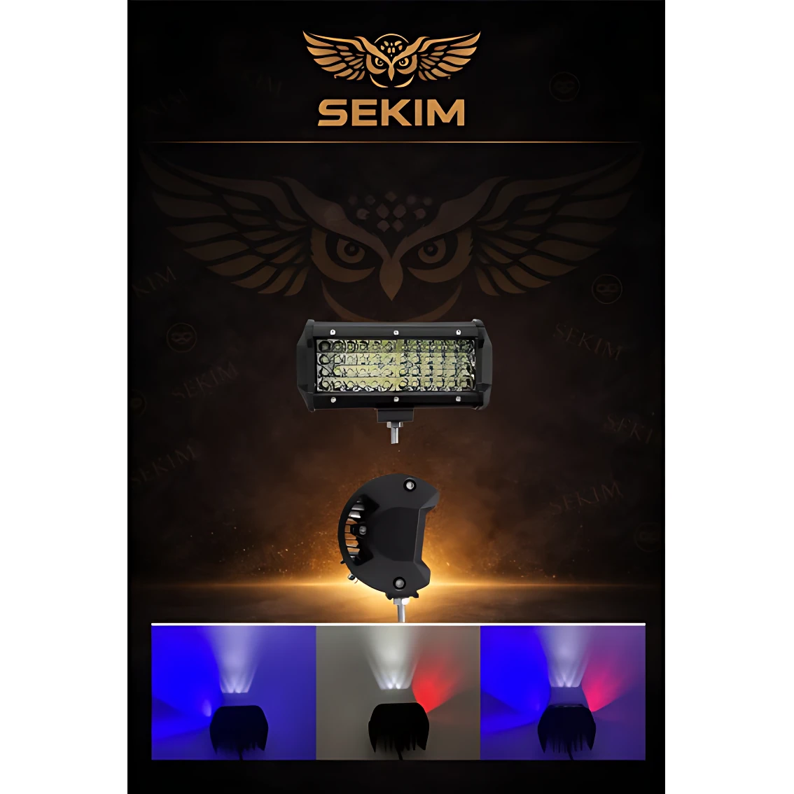 Barra LED rectangular Federal Sekim con luces perimetrales estroboscópicas, vista frontal y lateral, mostrando iluminación en azul, blanco y rojo.