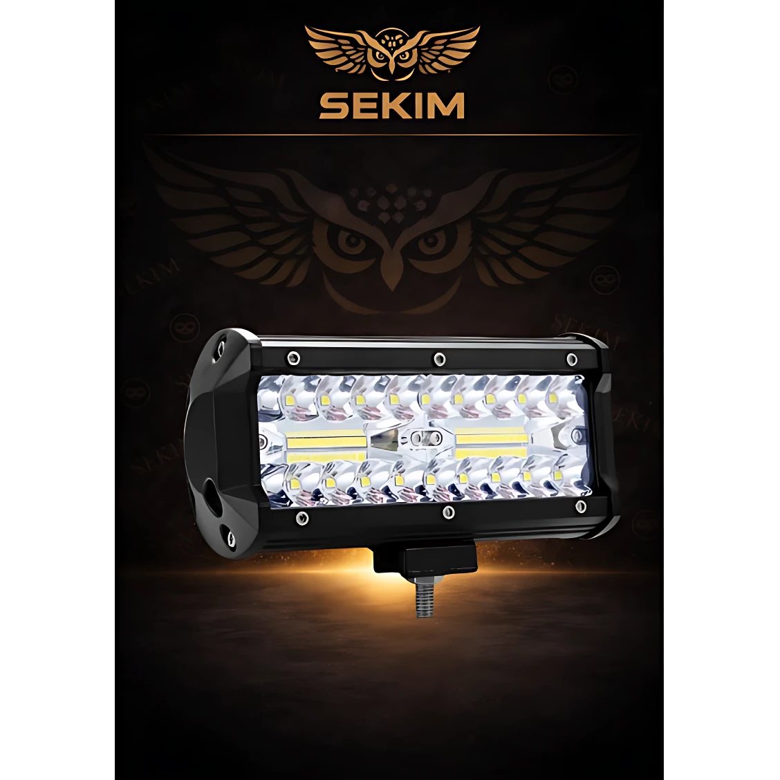 Barra LED rectangular Federal Sekim con luces perimetrales estroboscópicas, color negro, vista frontal con iluminación activa y logo de marca en fondo oscuro.
