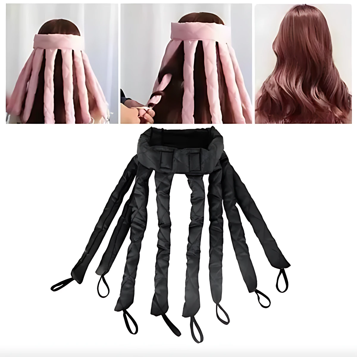 Set de extensiones para cabello con protección térmica, mostrando uso en rosa y variante negra con tiras ajustables para rizos definidos.
