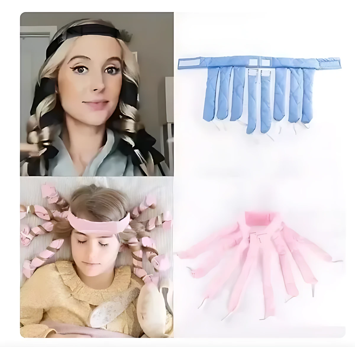 Set de extensiones para rizos con protección térmica en azul y rosa, mostrando uso en modelo y detalles del accesorio.