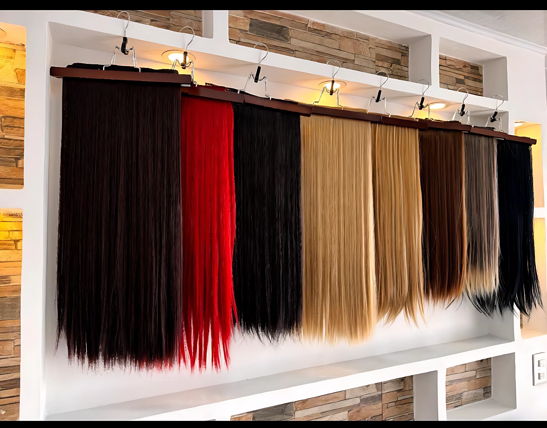Extensiones de cabello semi humanas lisas con clips en tonos variados: negro, rojo, castaño, rubio y moreno, colgadas para exhibición.