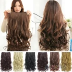 Extensiones de cabello onduladas en color castaño, mostradas desde frente y espalda, con seis variantes de color disponibles en la parte inferior.