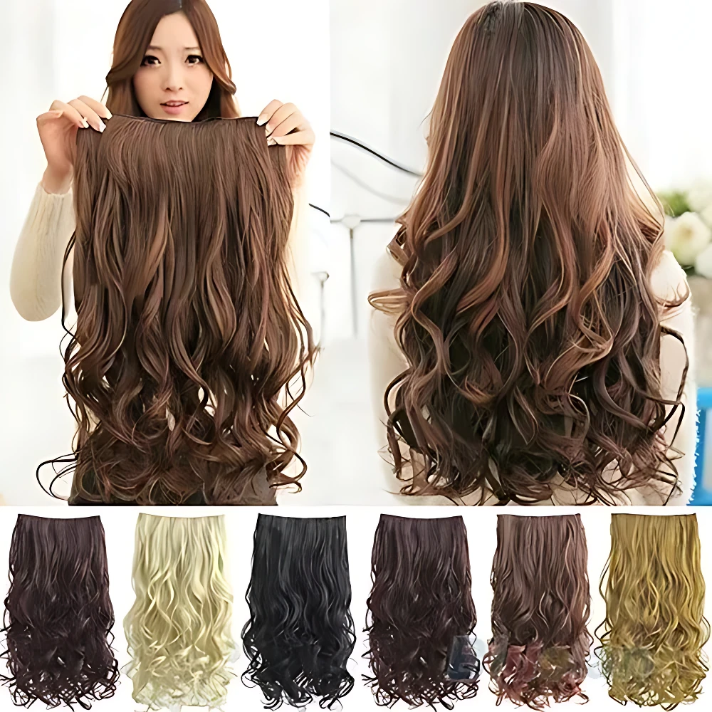 Extensiones de cabello onduladas en color castaño, mostradas desde frente y espalda, con seis variantes de color disponibles en la parte inferior.