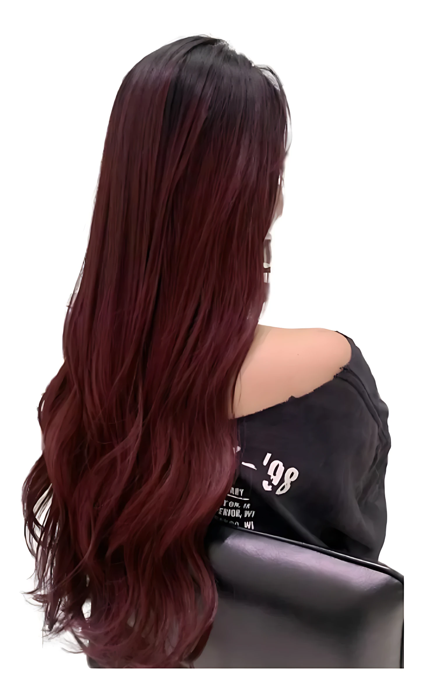 Extensiones semi humanas onduladas en tono rojo vino, vistas desde atrás, con caída natural y volumen añadido sobre cabello largo.