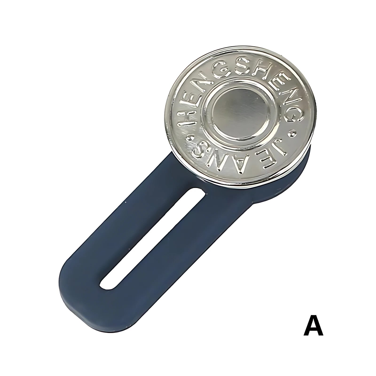 Extensor de botón para jeans en color azul marino con botón plateado que dice JEANS HENGSHENG. Variante A.