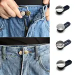 Set de dos extensores de botones para jeans, color azul marino con detalles metálicos, mostrando instalación en cintura y variantes de diseño.