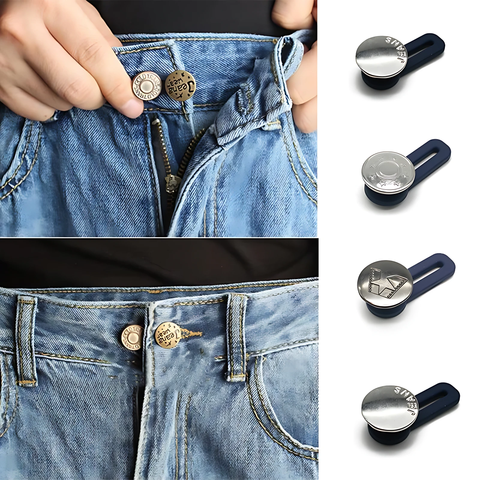 Set de dos extensores de botones para jeans, color azul marino con detalles metálicos, mostrando instalación en cintura y variantes de diseño.