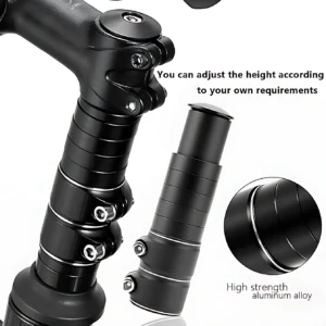 Extensor de manubrio de aluminio negro, ajustable en altura con tornillos visibles y acabado mate, diseñado para reducir fatiga y mejorar postura al pedalear.