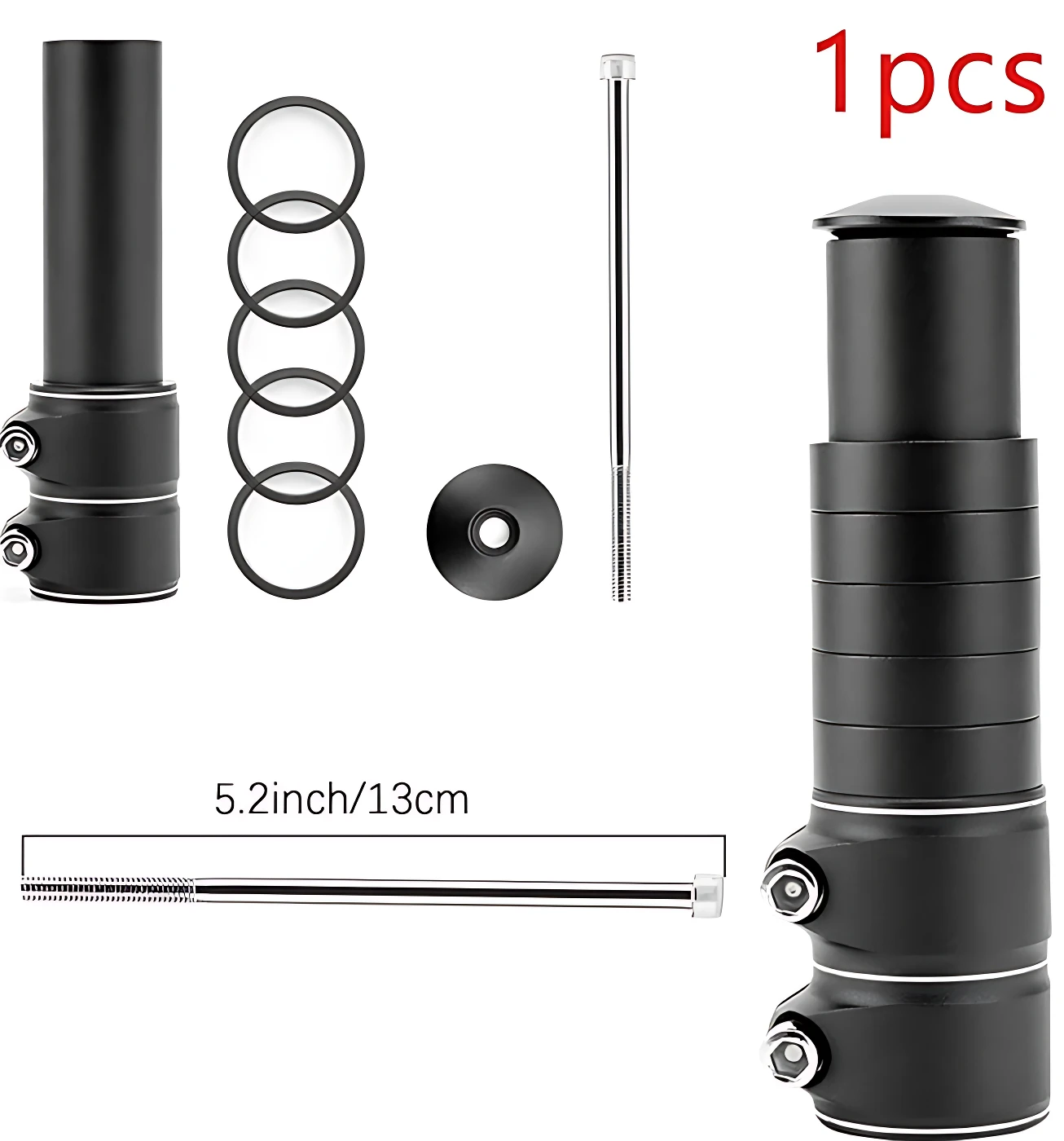 Extensor de manubrio de aluminio negro, ajustable, con tornillos, anillos y perno incluido. Mide 5.2 pulgadas (13 cm).