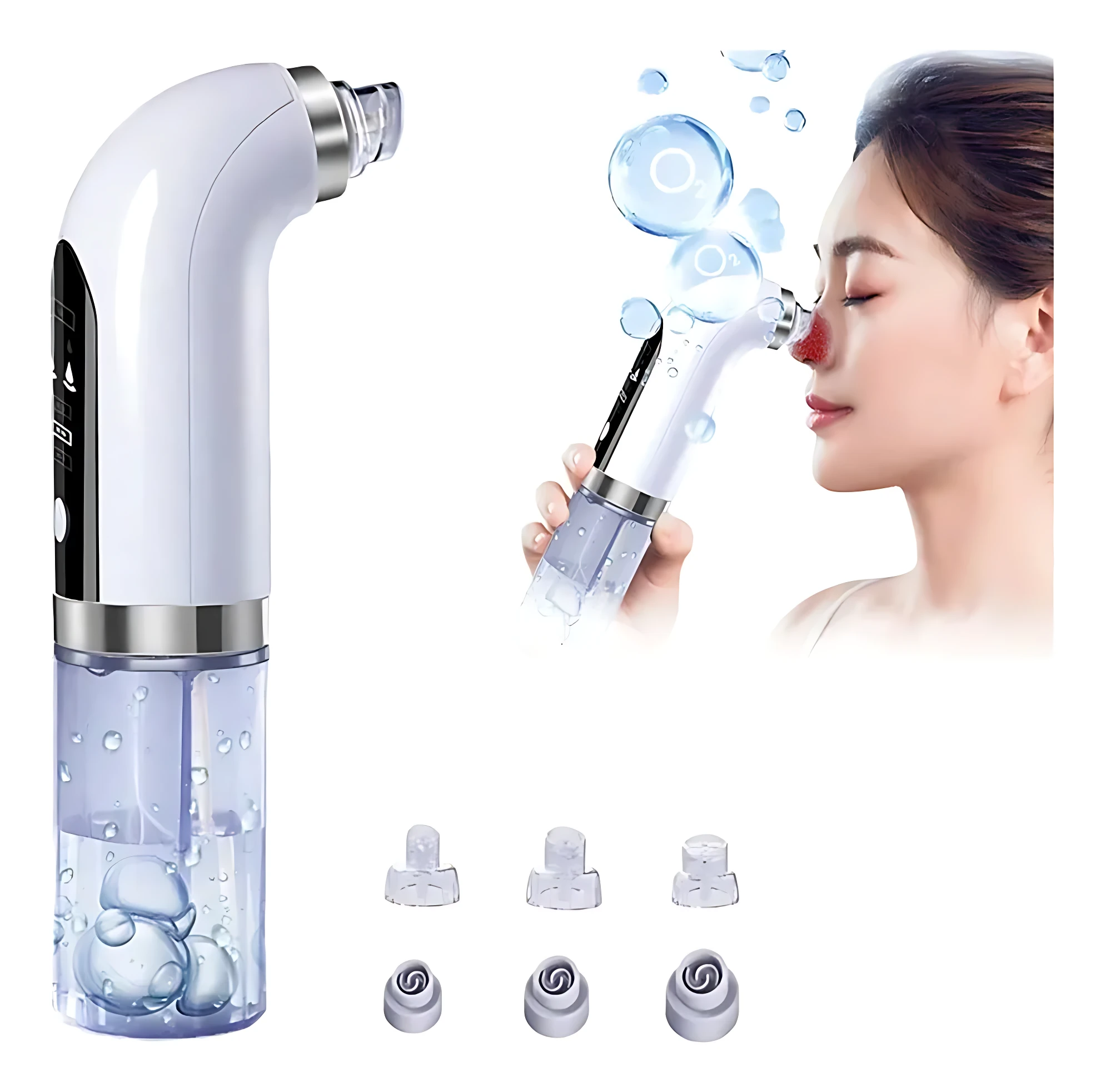 Extractor de puntos negros con agua en color blanco y detalles plateados, mostrando el dispositivo junto a una mujer aplicándolo en la nariz, con burbujas de agua visibles. Incluye tres boquillas intercambiables en la parte inferior.