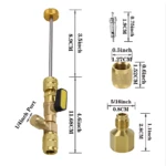 Extractor de núcleos de válvula en latón dorado con mango metálico, puerto 1/4 de pulgada y dimensiones detalladas incluidas.