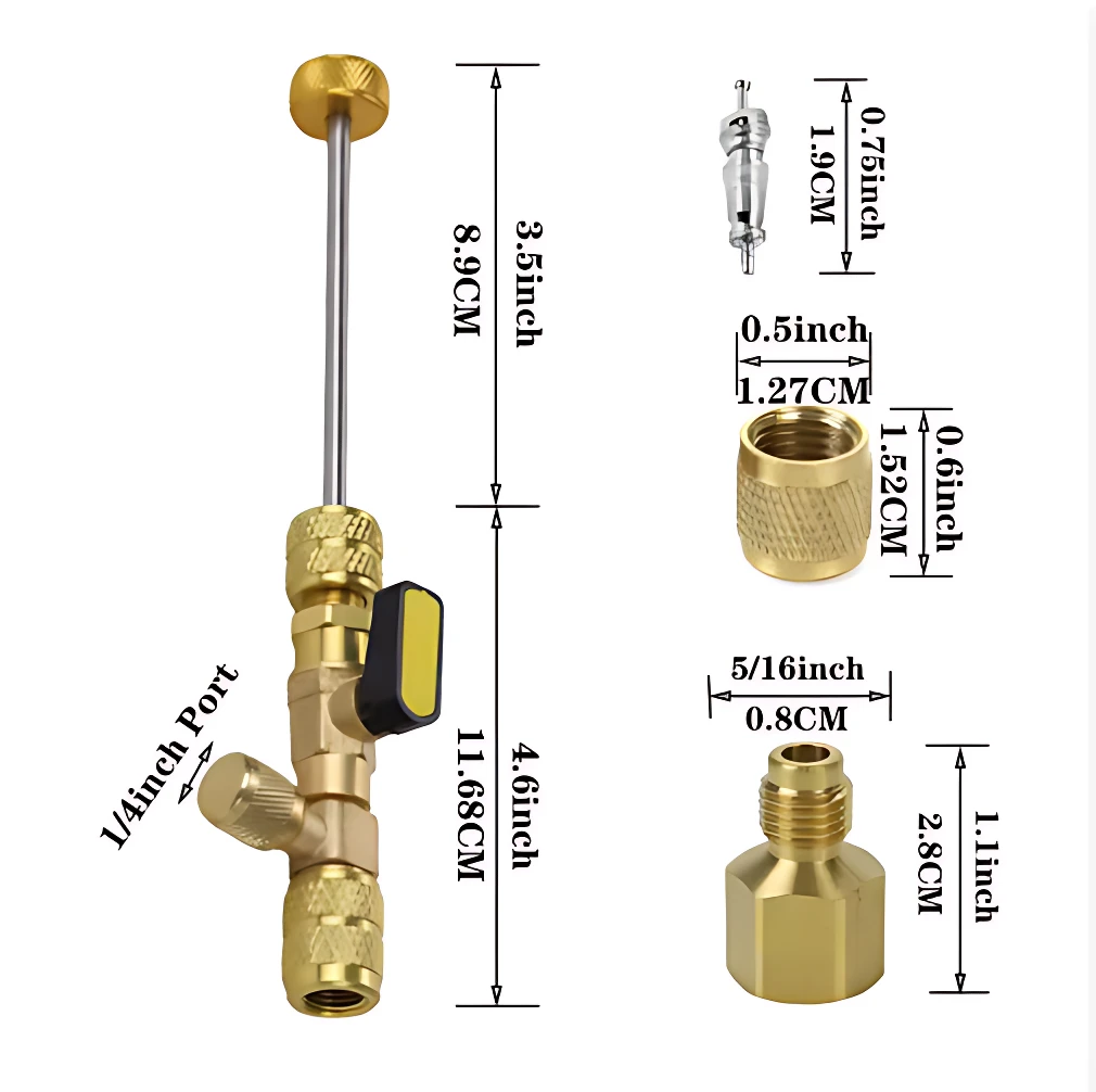Extractor de núcleos de válvula en latón dorado con mango metálico, puerto 1/4 de pulgada y dimensiones detalladas incluidas.