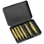 Set de seis extractores de tornillos dañados en acero HSS, presentados en estuche negro con tapadera abierta, mostrando los brocas doradas ordenadas por tamaño y numeración visible.