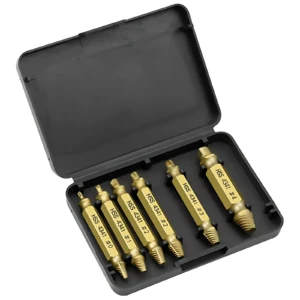Set de seis extractores de tornillos dañados en acero HSS, presentados en estuche negro con tapadera abierta, mostrando los brocas doradas ordenadas por tamaño y numeración visible.