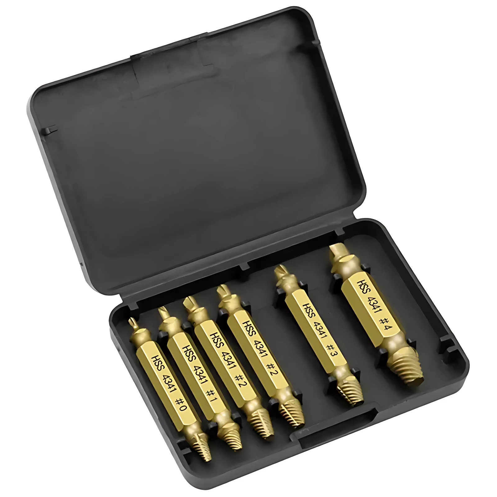 Set de seis extractores de tornillos dañados en acero HSS, presentados en estuche negro con tapadera abierta, mostrando los brocas doradas ordenadas por tamaño y numeración visible.