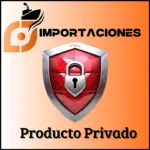 Escudo rojo con candado plateado sobre fondo naranja degradado, acompañado de logo de importaciones y texto Producto Privado.