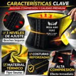 Faja reductora térmica negra con forro amarillo, cierre frontal de broches y logotipo Moda King Perú. Muestra detalles de costuras reforzadas, material tipo sauna y efecto de compresión alta.