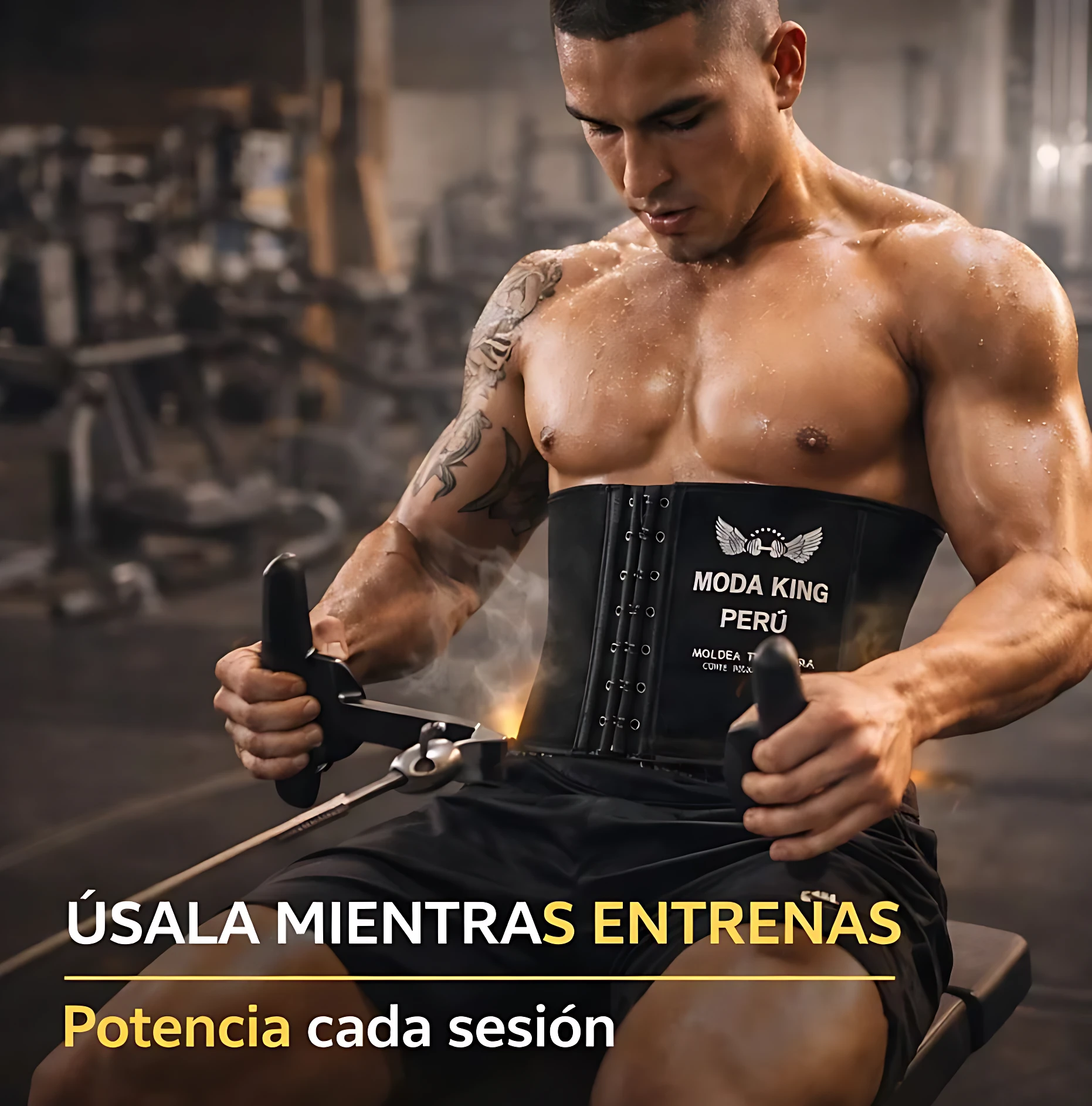 Hombre musculoso usando faja reductora térmica negra con logotipo blanco en gimnasio, realizando ejercicio de remo sentado.