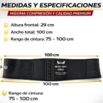 Faja reductora térmica negra con logotipo central, medidas 100 cm de ancho y 29 cm de altura frontal, rango de cintura 75 a 100 cm.