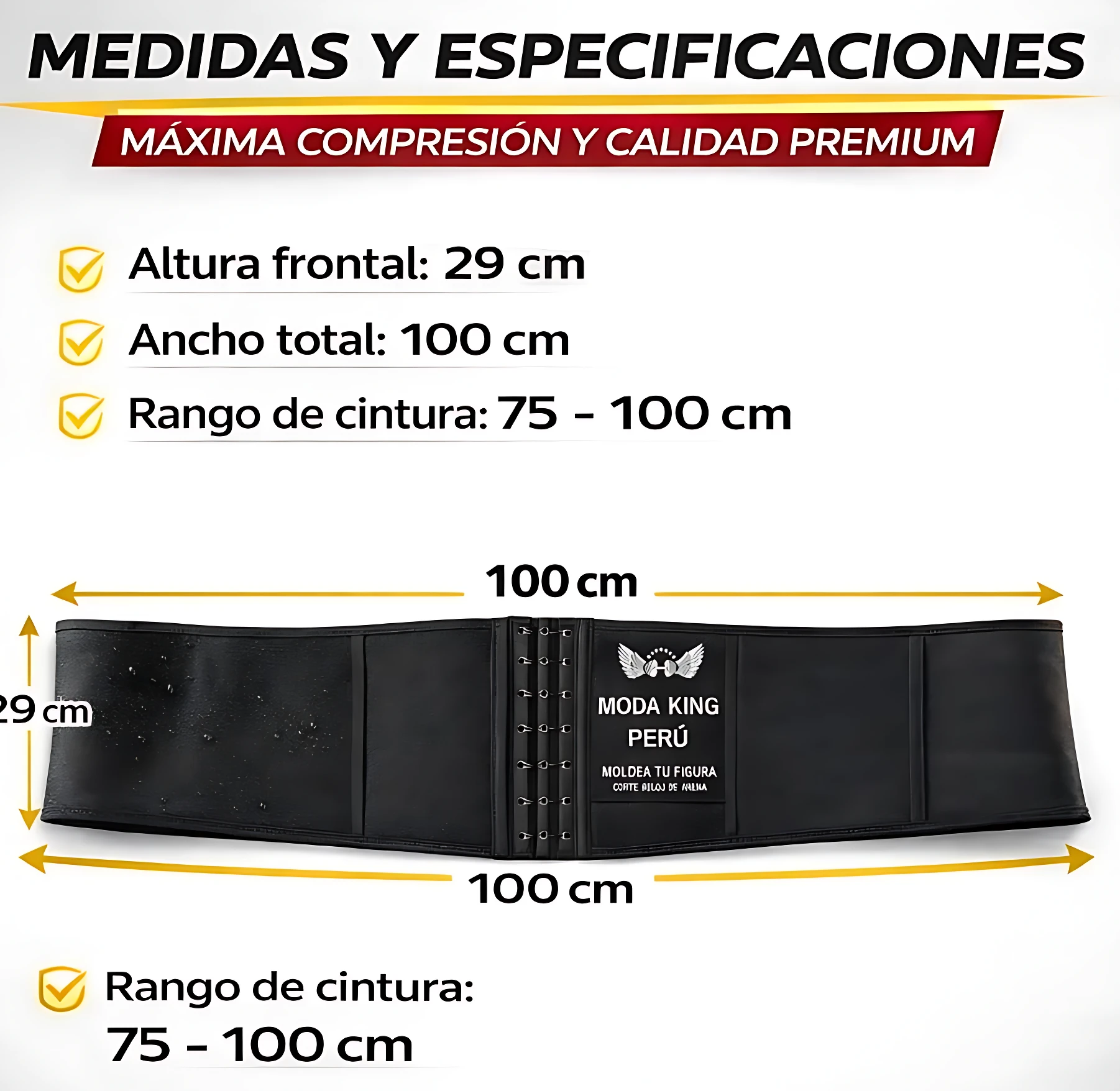Faja reductora térmica negra con logotipo central, medidas 100 cm de ancho y 29 cm de altura frontal, rango de cintura 75 a 100 cm.
