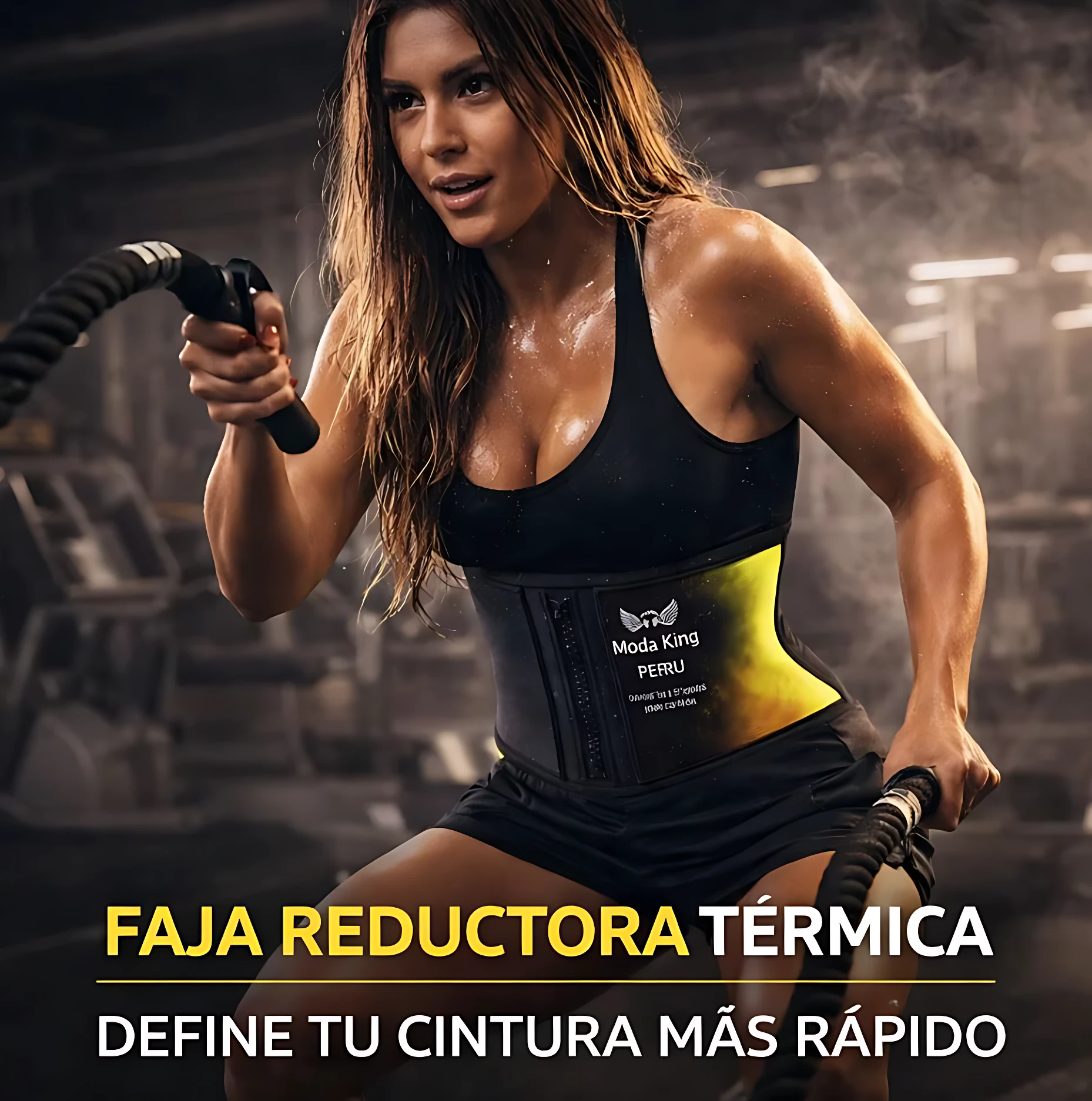 Mujer en gimnasio usando faja reductora térmica negra con panel amarillo, marca Moda King, durante ejercicio con mancuernas.