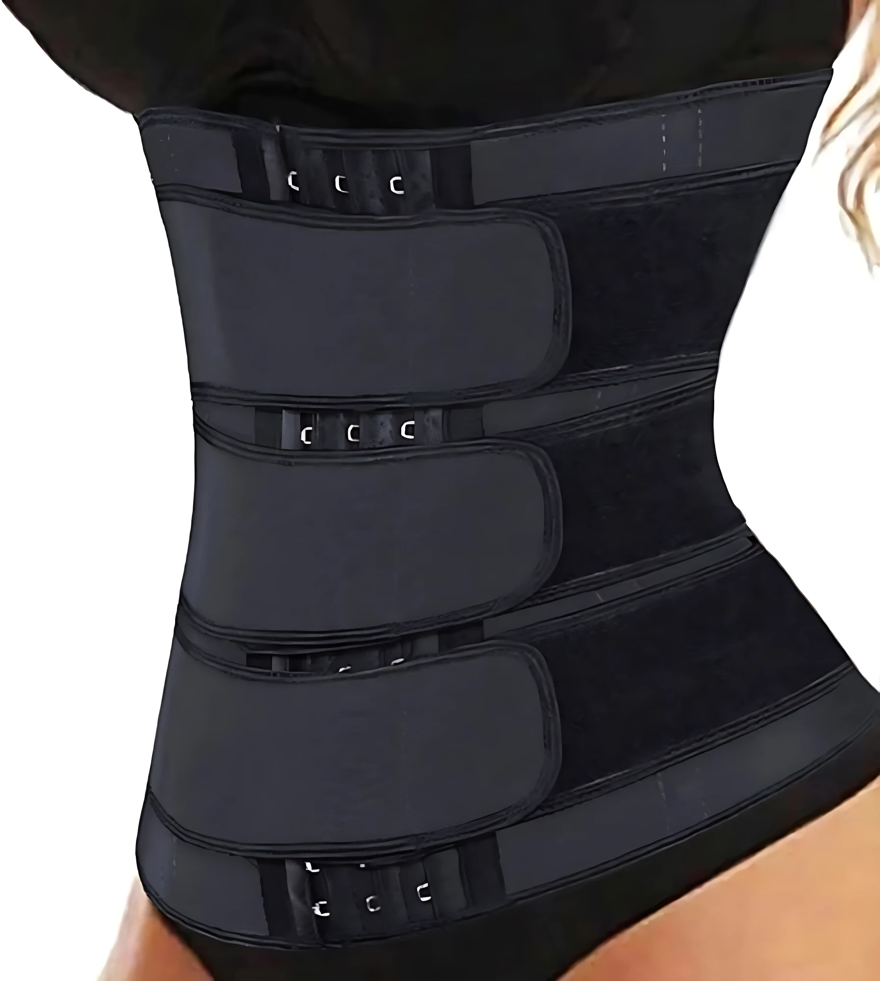 Faja reductora de neoprene negro con varillas internas, vista frontal mostrando correas ajustables y cierres metálicos en la cintura.
