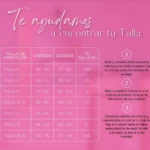 Tabla de tallas para faja Straple en color rosa, con medidas de cintura, cadera y talla correspondiente. Incluye instrucciones paso a paso para elegir la talla adecuada.