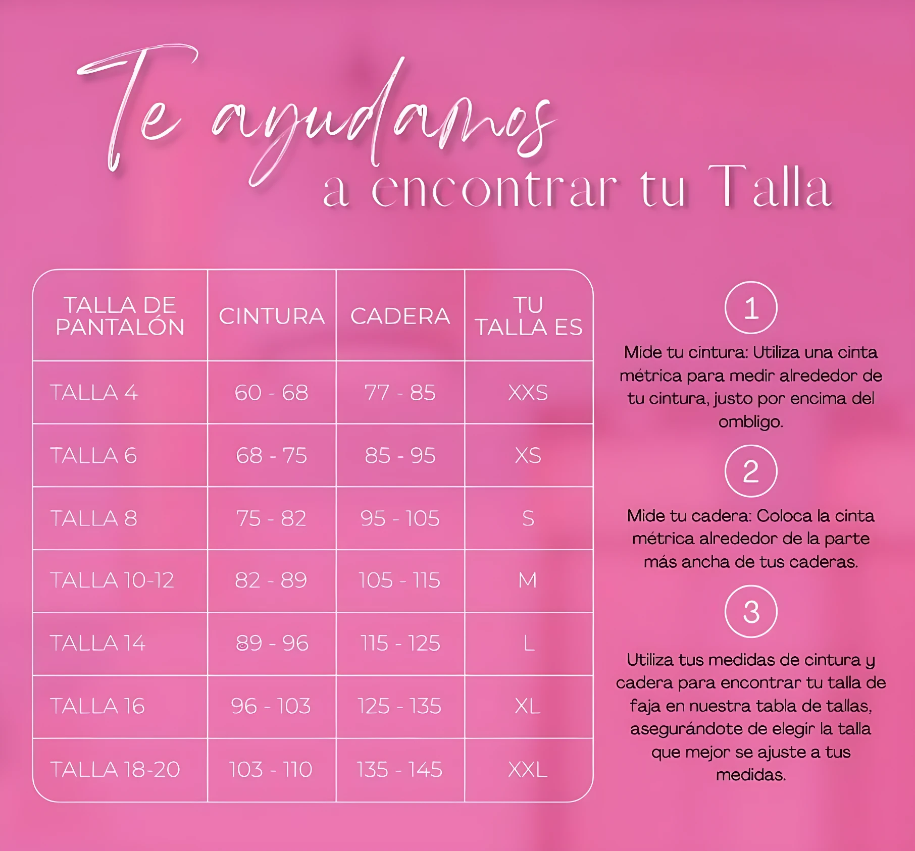 Tabla de tallas para faja Straple en color rosa, con medidas de cintura, cadera y talla correspondiente. Incluye instrucciones paso a paso para elegir la talla adecuada.