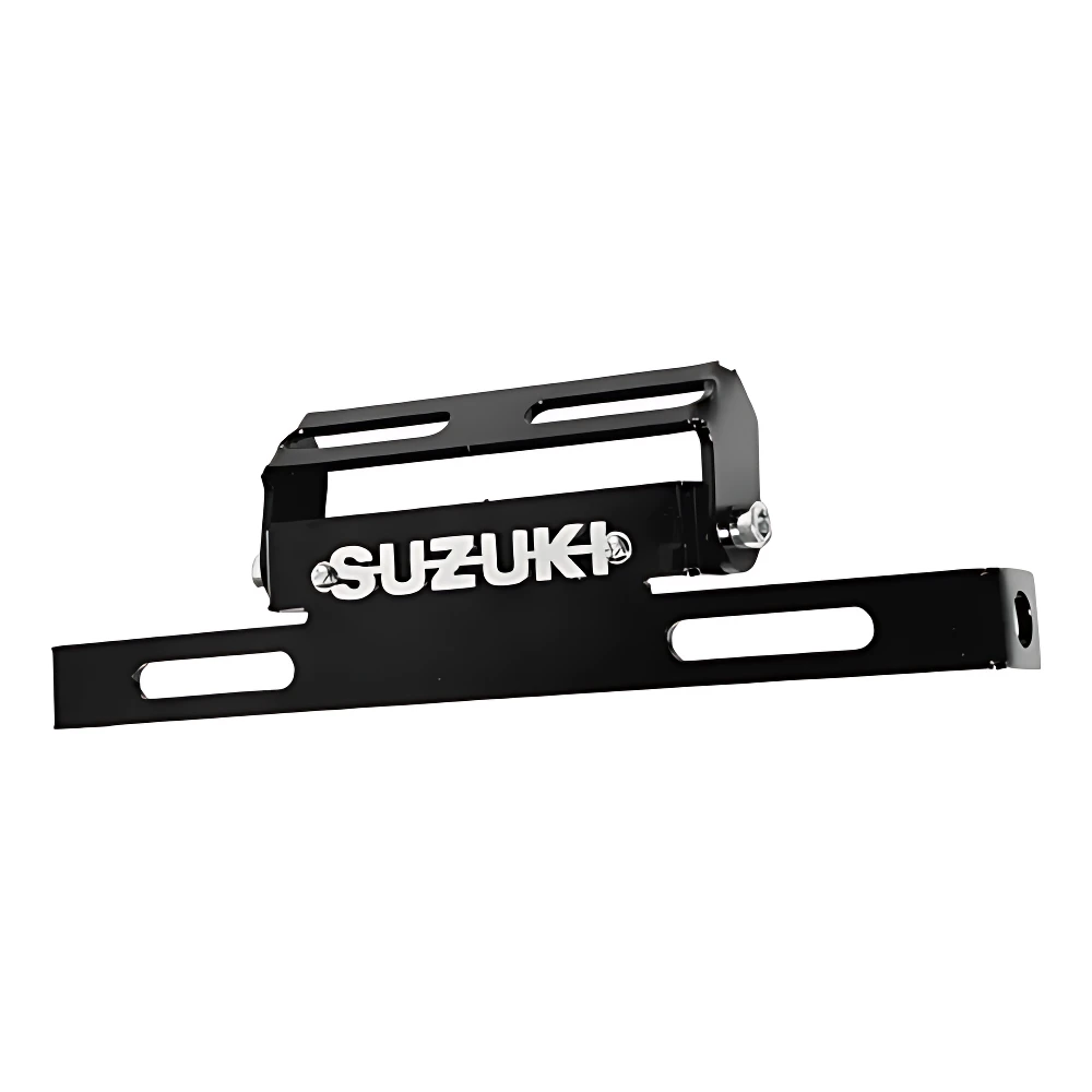 Defensa frontal Suzuki Ax4 3D en acero inoxidable, color negro mate, con logotipo blanco visible y diseño modular para protección de moto.