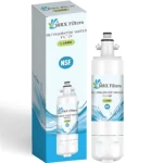 Filtro de agua para nevera MRX Filters modelo L-1A000, con certificación NSF, en su empaque original junto al filtro desmontado, ambos blancos sobre fondo claro.
