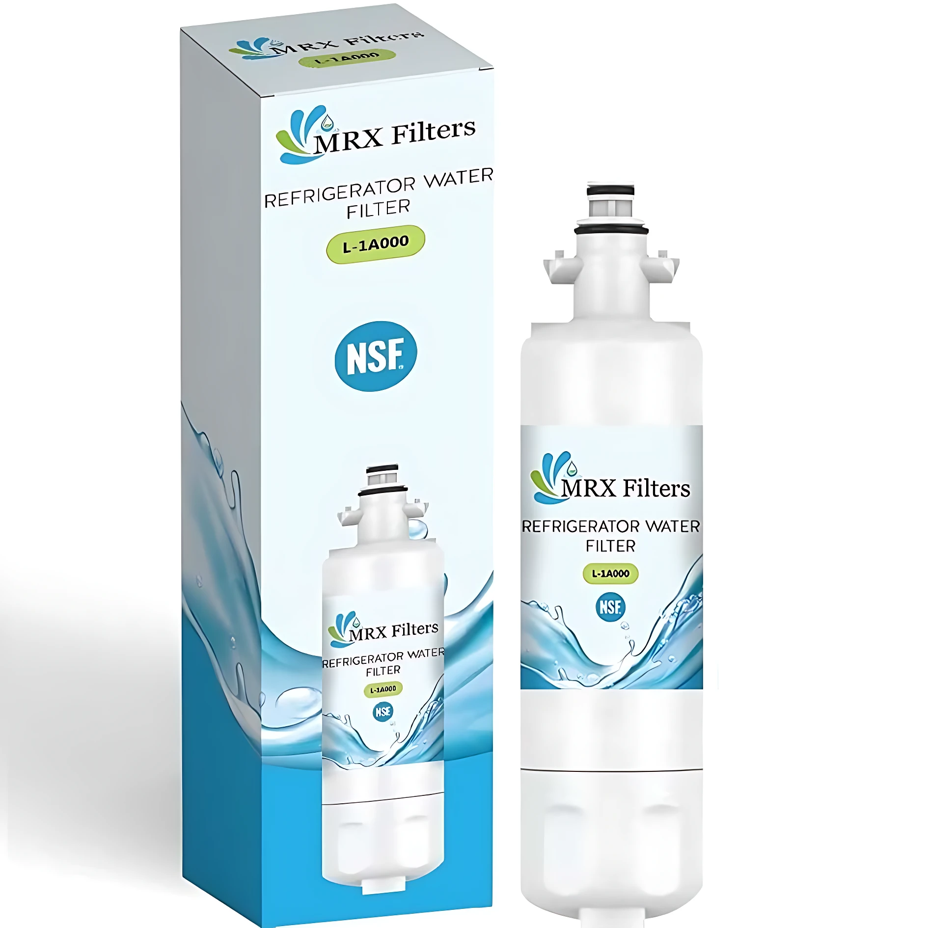 Filtro de agua para nevera MRX Filters modelo L-1A000, con certificación NSF, en su empaque original junto al filtro desmontado, ambos blancos sobre fondo claro.