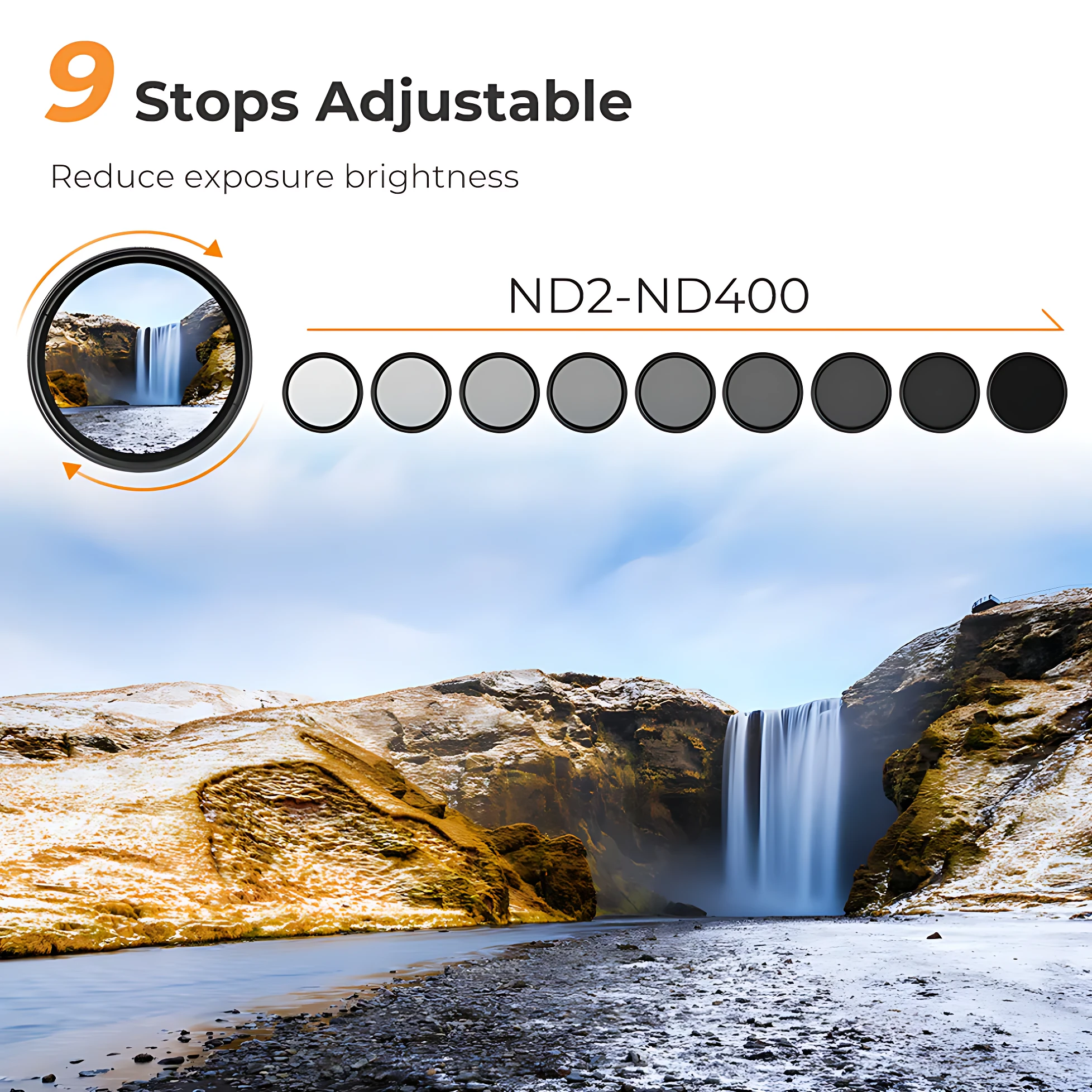 Filtro ND variable de 40.5 mm con 9 pasos ajustables, desde ND2 hasta ND400, para controlar exposición y suavizar agua en fotografía de paisajes.