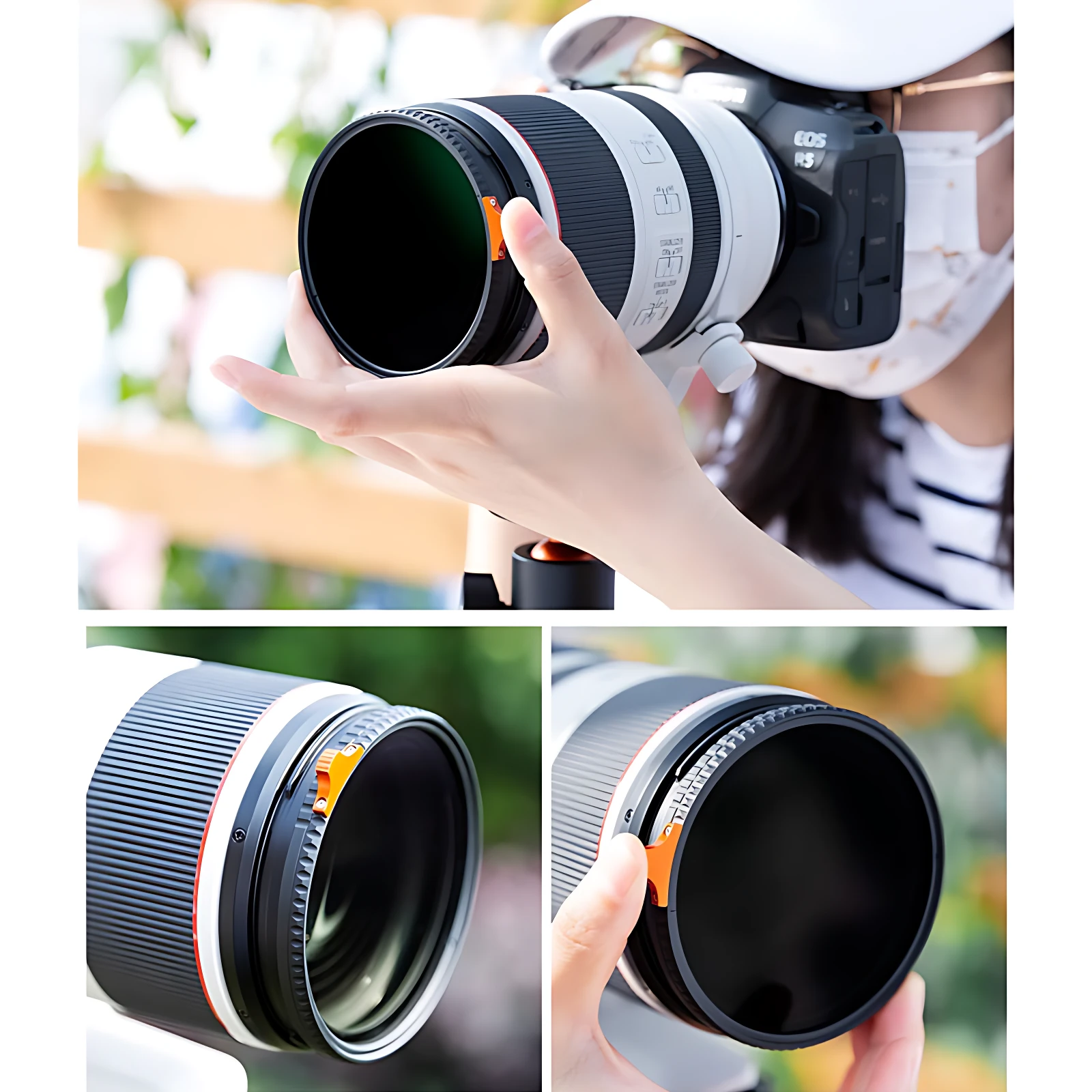 Filtro ND variable 40.5mm con anillo de ajuste naranja, montado en lente de cámara blanca; incluye tres vistas: uso en mano, primer plano del anillo y detalle de la rosca.