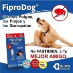 Paquete de FiproDog antipulgas para perros de 10 a 20 kg, con de perro rubio y símbolo de garrapata tachada. Incluye pipeta visible en empaque azul con detalles en rojo y blanco.
