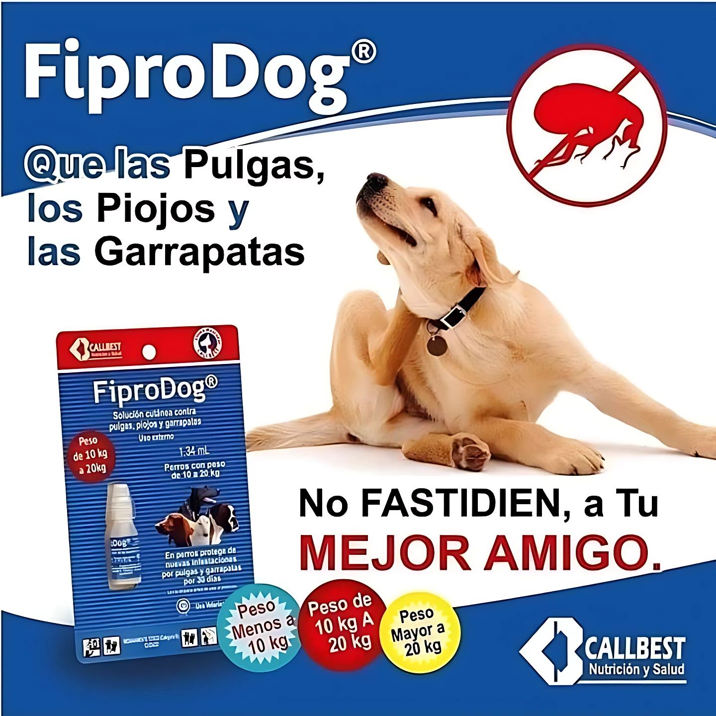 Paquete de FiproDog antipulgas para perros de 10 a 20 kg, con de perro rubio y símbolo de garrapata tachada. Incluye pipeta visible en empaque azul con detalles en rojo y blanco.