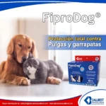 Caja de FiproDog 60 ml, presentación azul con logo rojo, mostrando perro dorado y gato gris acostados juntos, indicando protección contra pulgas y garrapatas para mascotas.