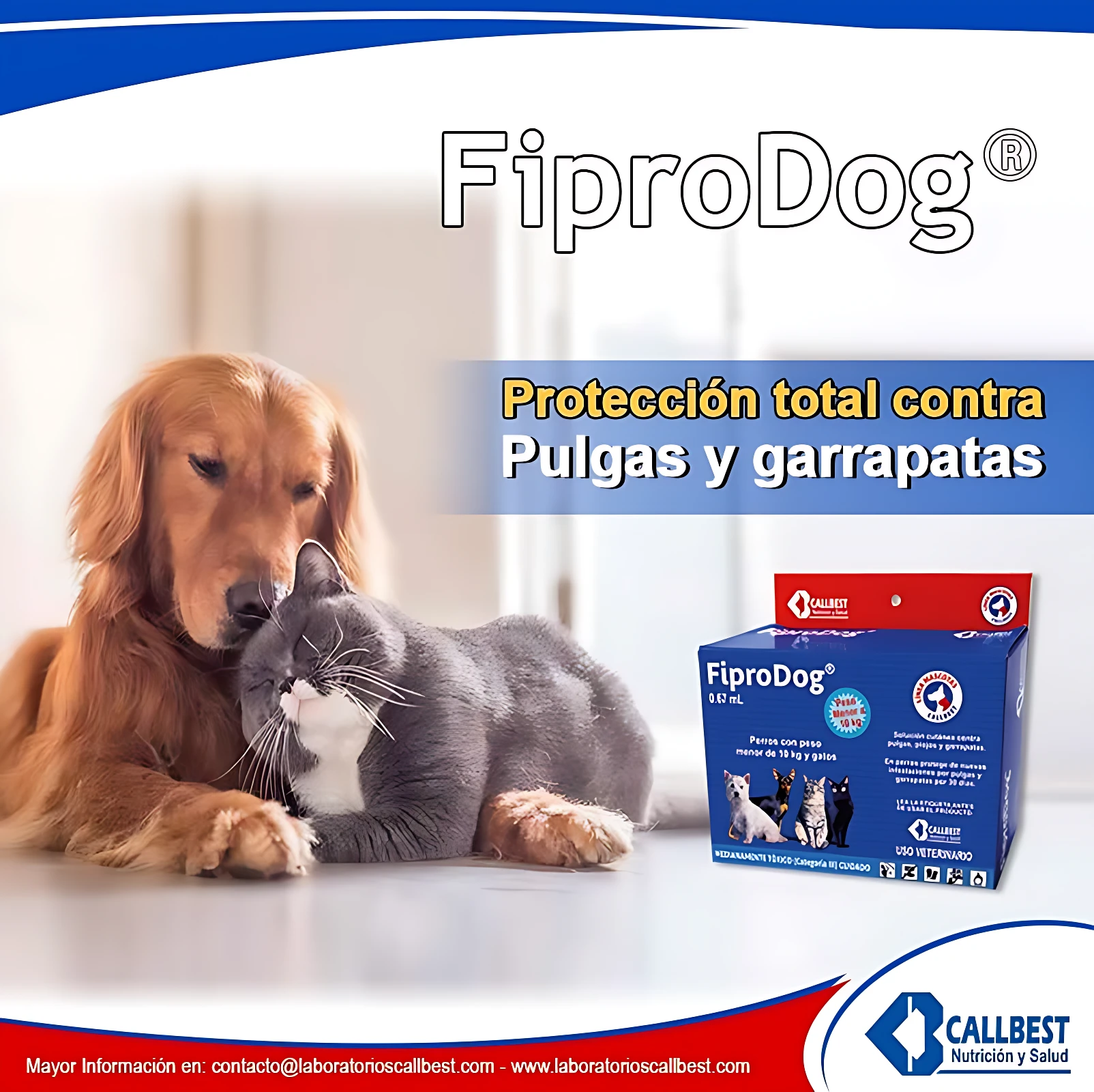 Caja de FiproDog 60 ml, presentación azul con logo rojo, mostrando perro dorado y gato gris acostados juntos, indicando protección contra pulgas y garrapatas para mascotas.