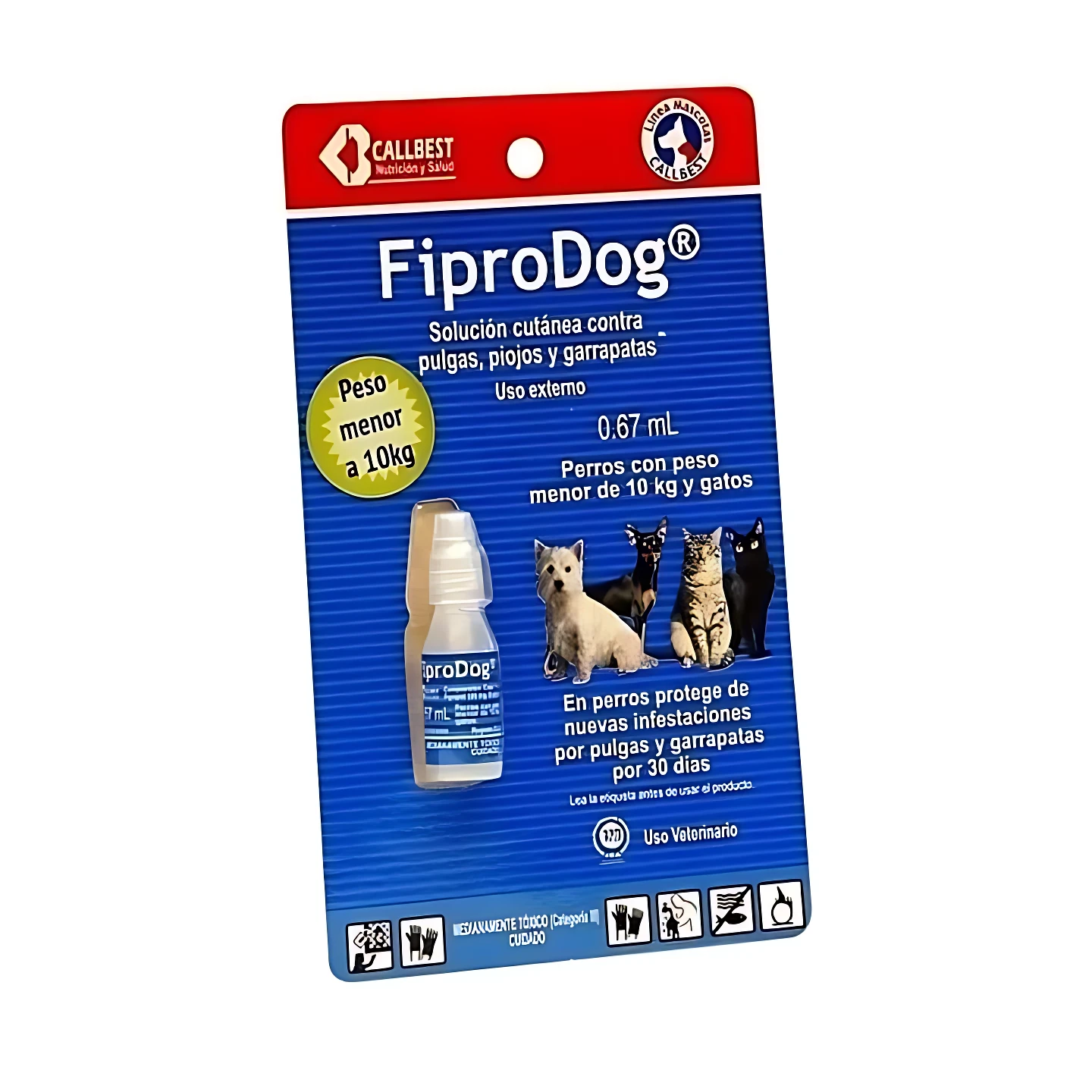 Paquete de FiproDog de 0,67 mL, solución cutánea para perros y gatos de hasta 10 kg, con protección de 30 días contra pulgas, piojos y garrapatas. Incluye botella y etiquetas informativas.