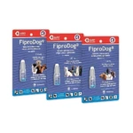 Tres envases de FiproDog en presentación de 2,48 ml, 0,87 ml y 1,34 ml, con ilustraciones de perros y gatos, aplicadores blancos y etiquetas rojas y azules.