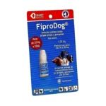 Paquete de FiproDog, solución cutánea de 1.34 mL para perros de 10 a 20 kg, con etiqueta azul y detalles en rojo.