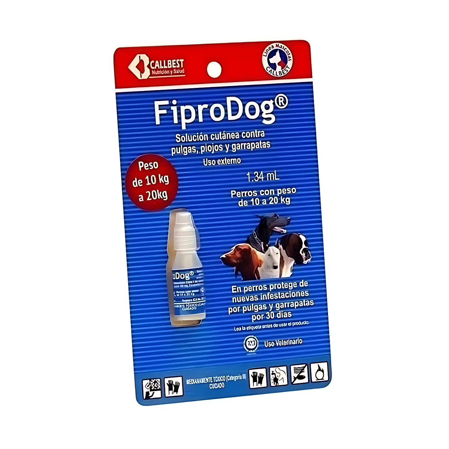 Paquete de FiproDog, solución cutánea de 1.34 mL para perros de 10 a 20 kg, con etiqueta azul y detalles en rojo.